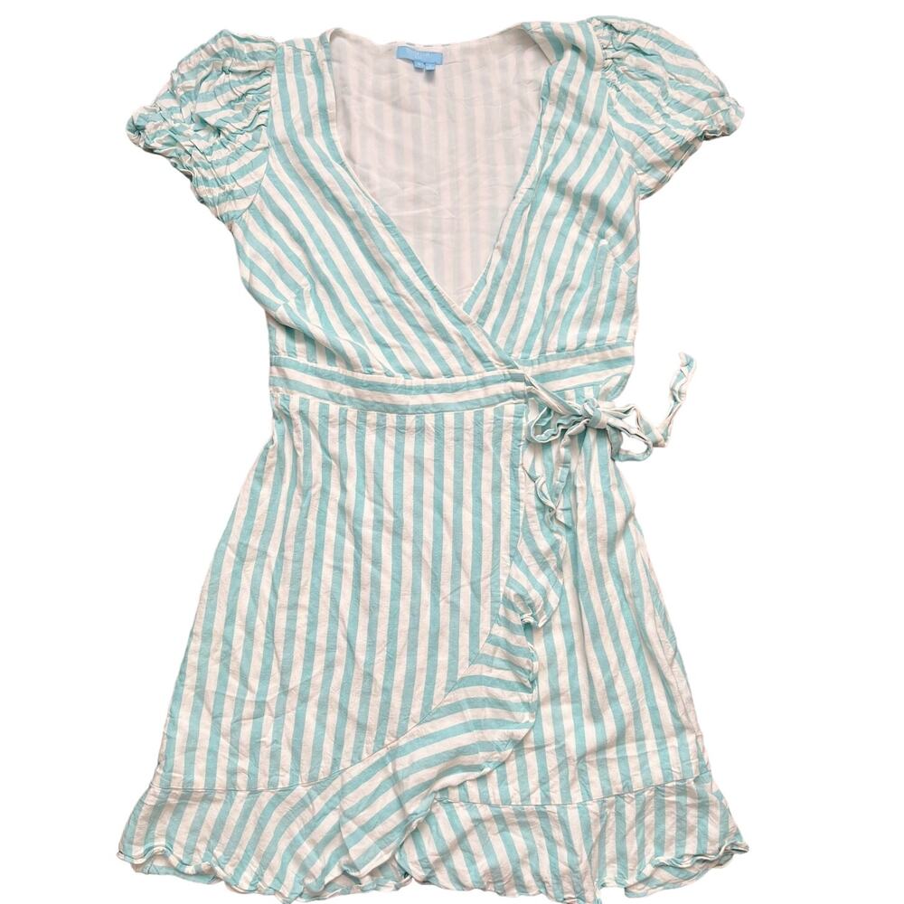 Draper James RSVP Small Short Sleeve Knee Length Striped White Teal Wrap Dress